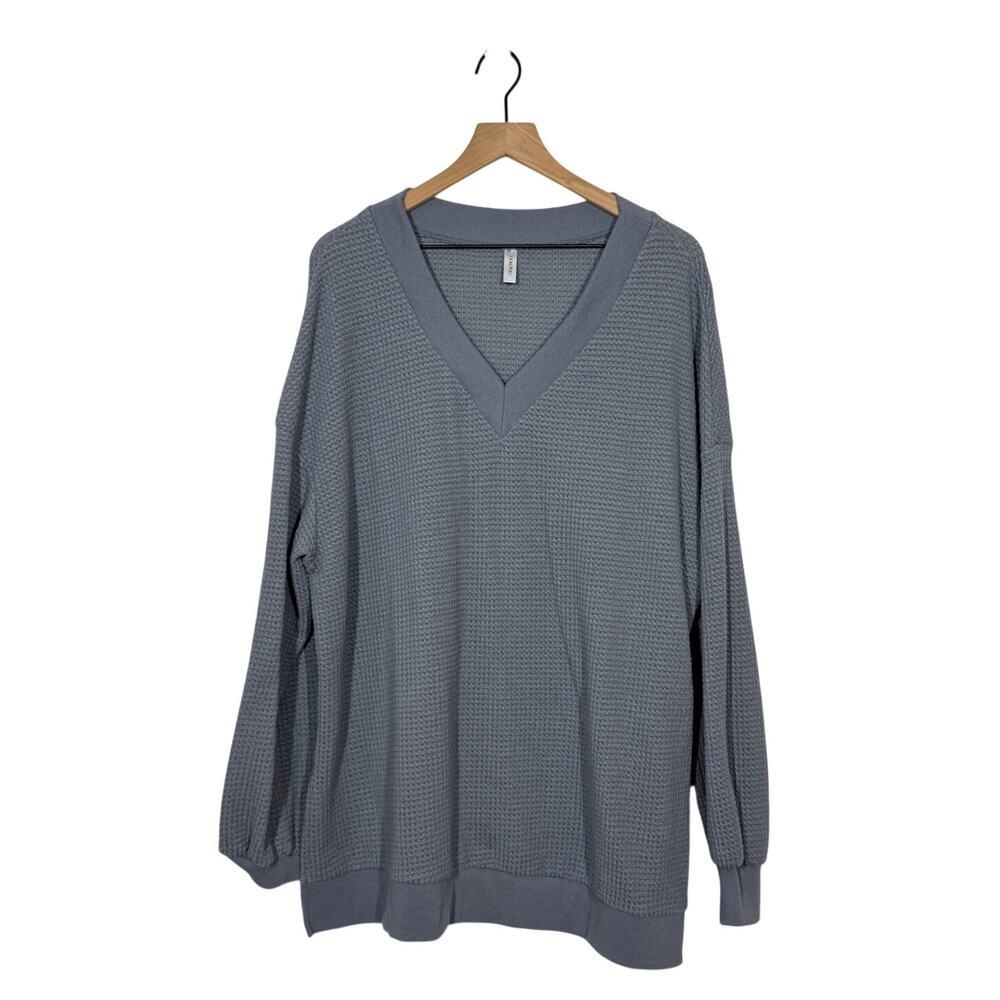 Dokotoo Lagenlook Waffle Knit Top Womens Size 2XL Gray V-Neck Pullover Preppy